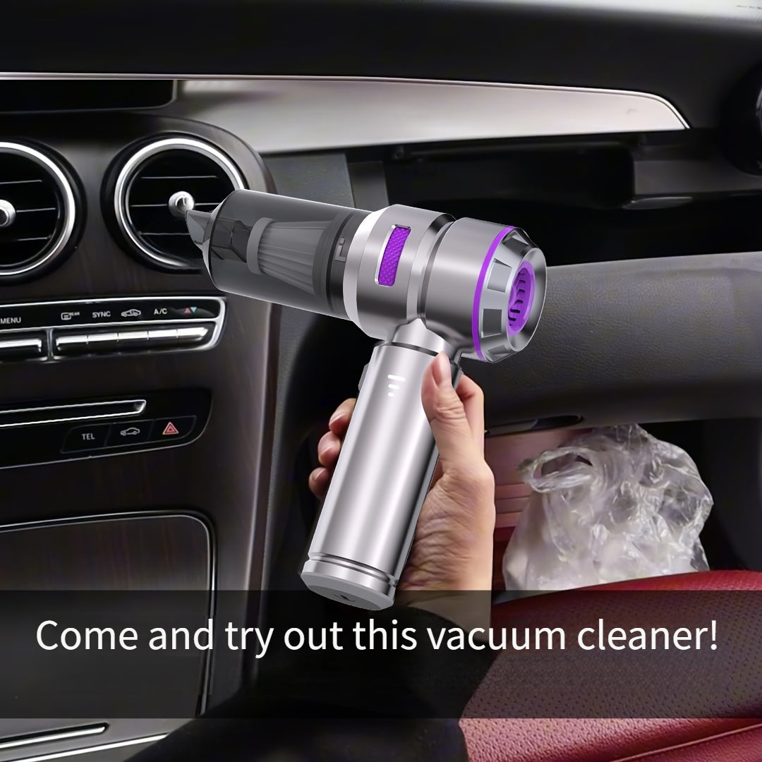 Portable wireless car vacuum cleaner with high suction power and quantity display for household dust removal.