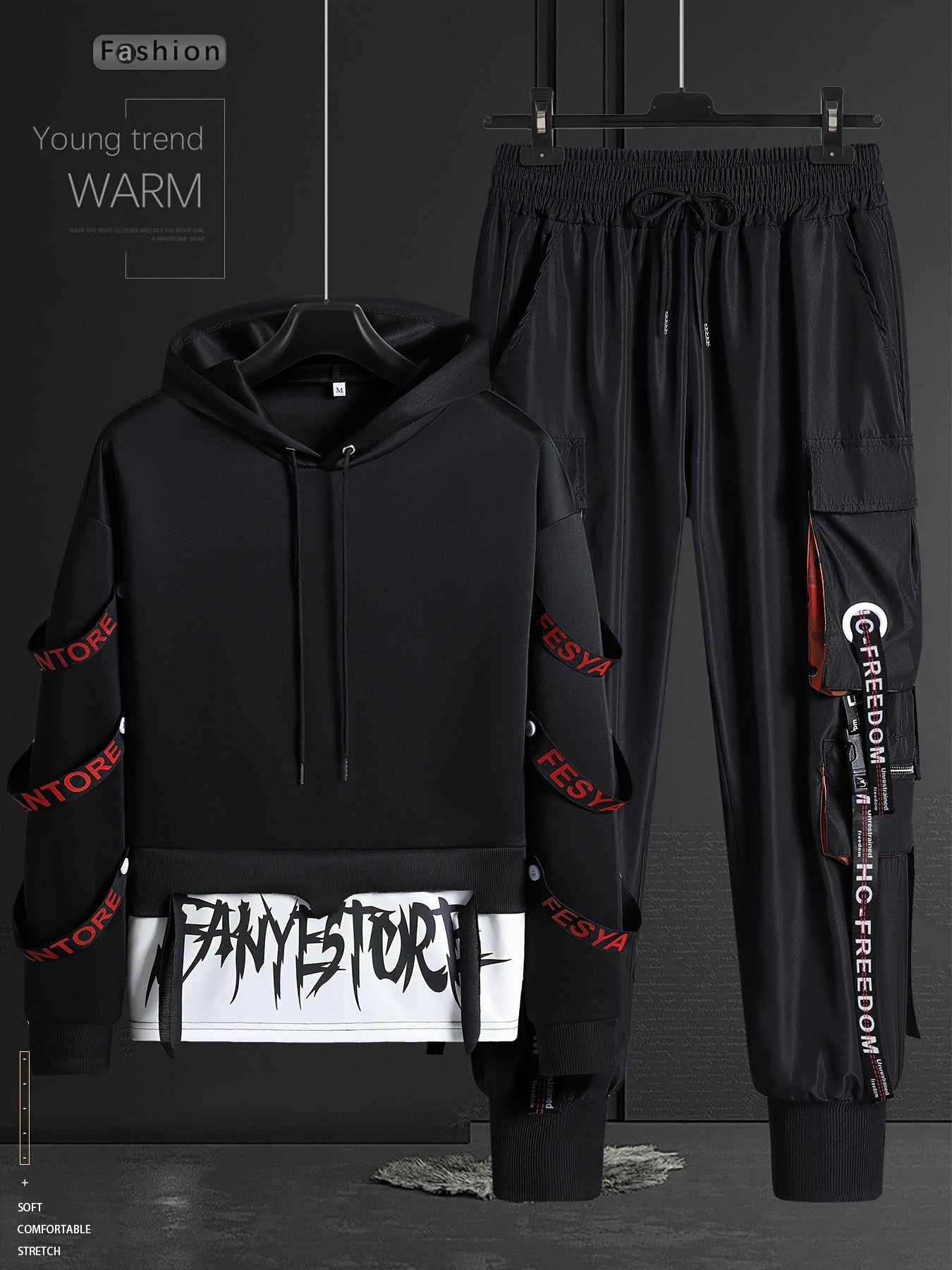 Men's casual sports outfit for autumn and winter with a stylish hoodie, tapered pants, and trendy multi-pocket work pants.