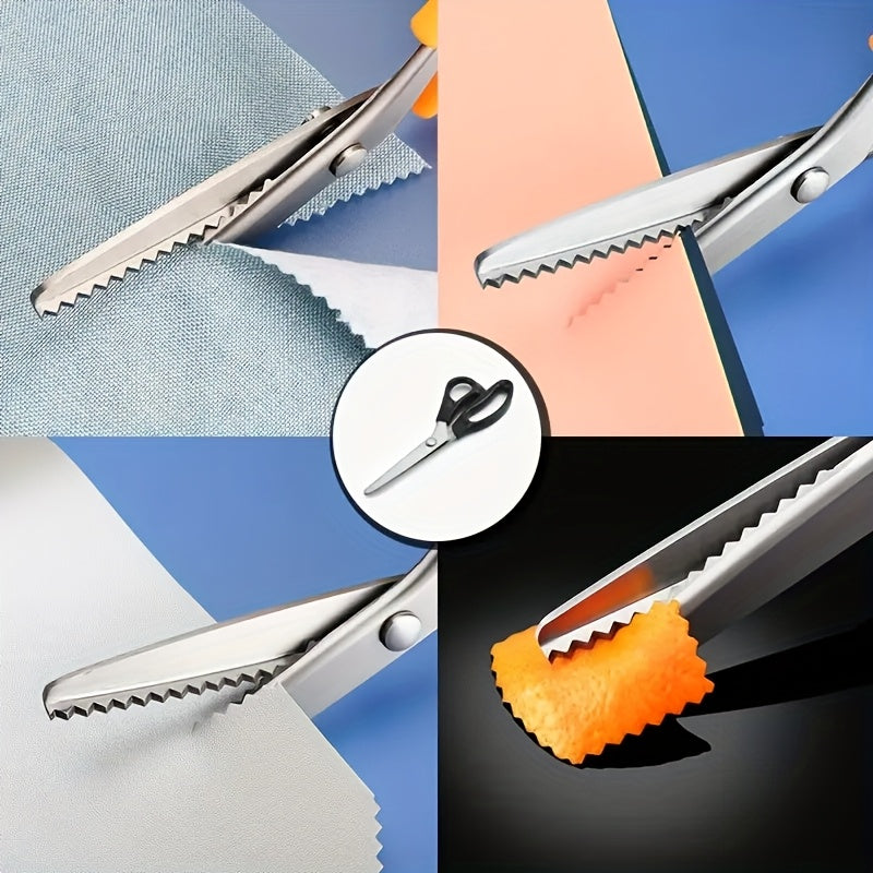 Stainless steel pinking shears with serrated edge for fabric and craft. Comfort grip handle for right & left-hand use, age 14+.