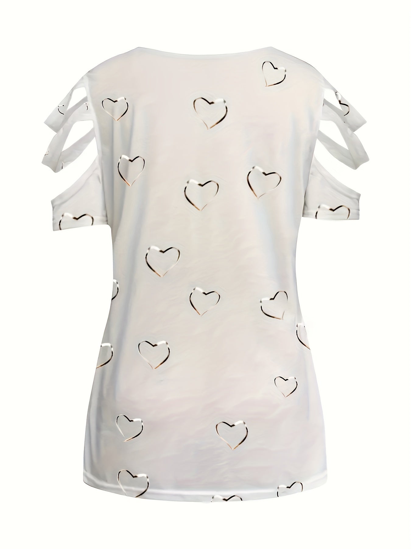 Casual women's T-shirt with large heart-shaped print, zipper short sleeves, and V-neck with elasticity.