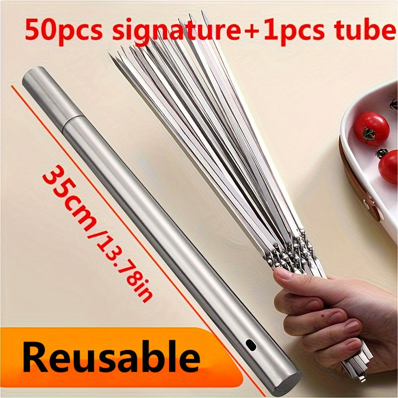 Set of stainless steel barbecue skewers - available in sets of 30 or 50 pieces. These reusable metal kebab sticks are durable, easy to clean, and heat-resistant for grilling meats. Perfect for outdoor camping, picnics, and backyard BBQs.