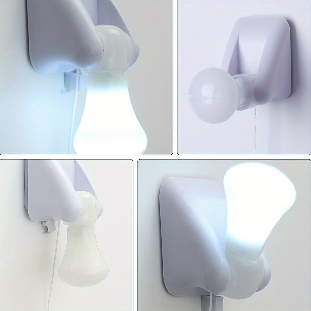 Small white LED night light; battery-powered with cordless design for bedside or cabinet; easy wall mount installation.