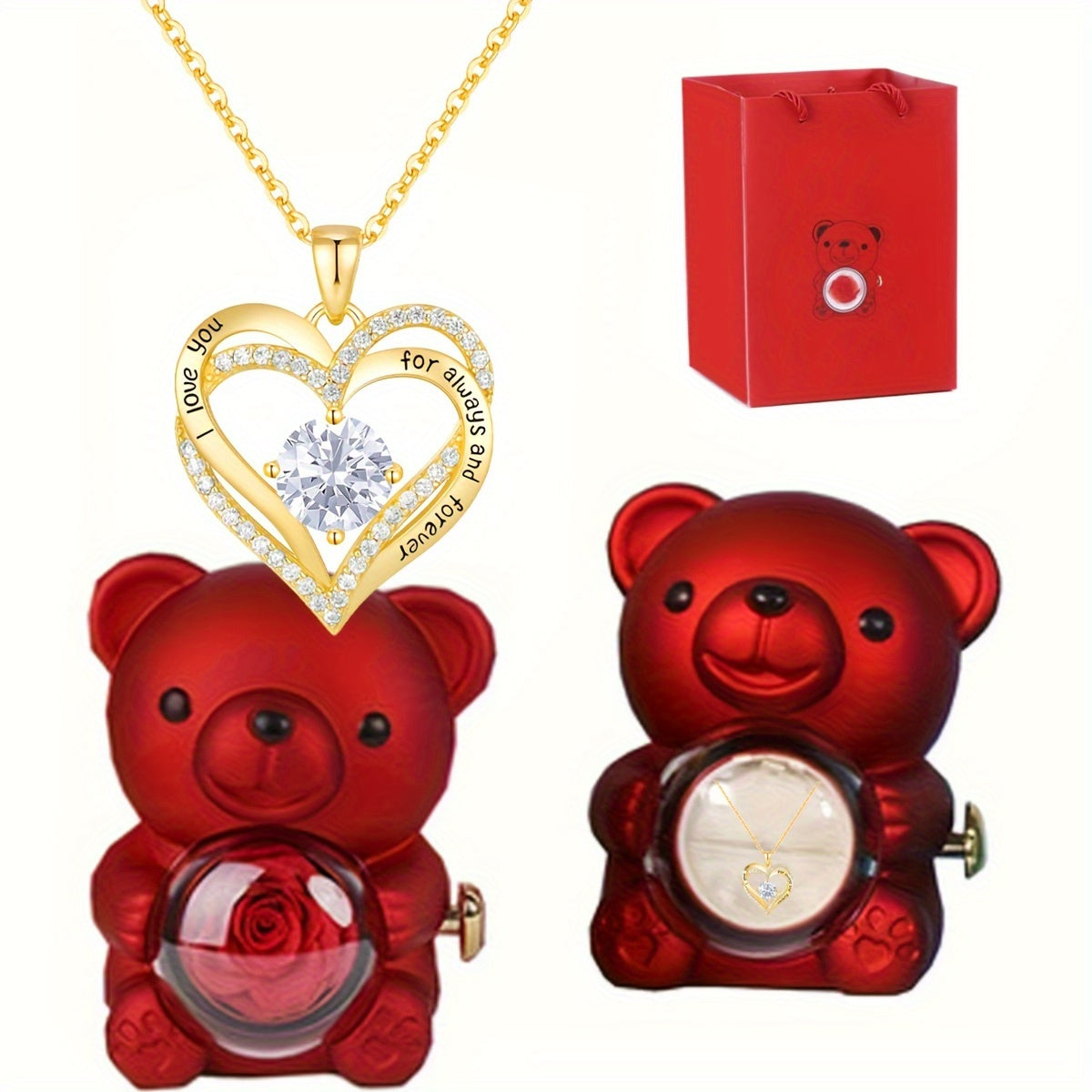 Exquisite Bear Pendant Necklace with Rose Detail for Women, 18K Gold Plated, Featuring High-Quality Cubic Zirconia, December Birthstone, Ideal Present for Mother, Partner, Sibling, or Grandparent, Suitable for Thanksgiving, Valentine's Day, Birthdays