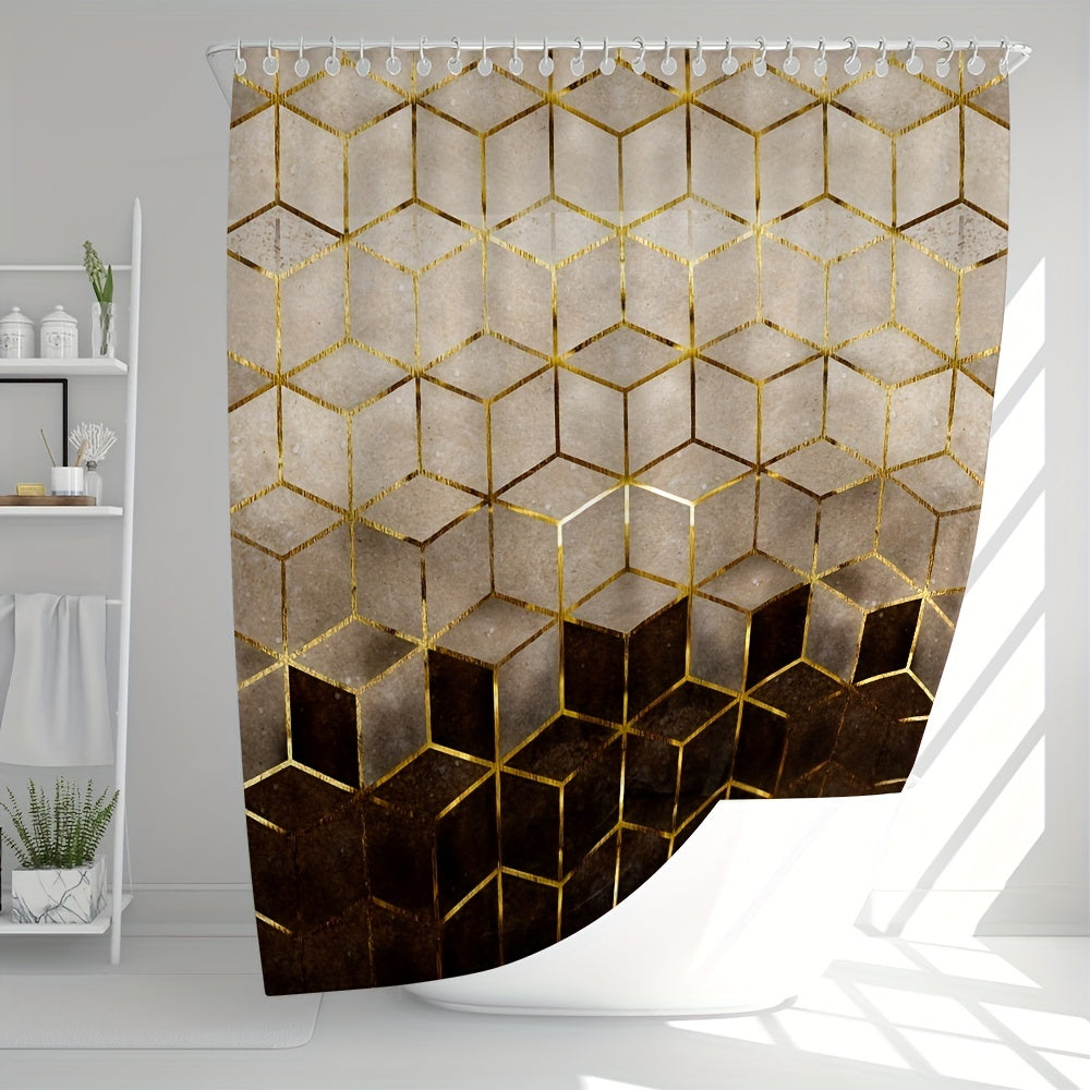 Brown gradient shower curtain with honeycomb plaid print, hooks included. Waterproof fabric for bathroom decor.