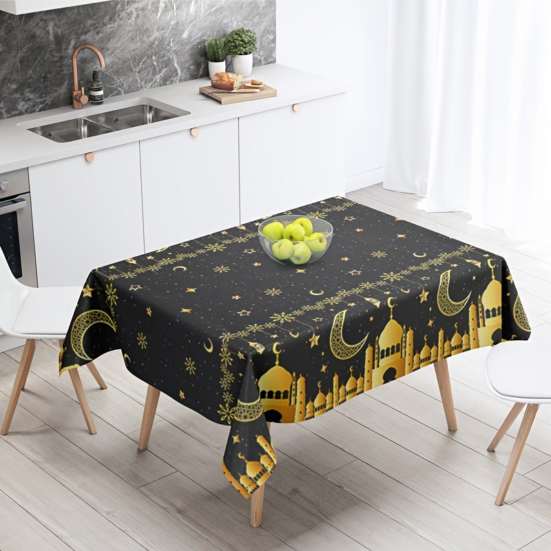 Eid Mubarak tablecloth for Islamic celebrations, featuring moon and star design in black and gold. 130x220cm machine-made plastic tablecover for Eid Al Adha and Ramadan Kareem parties.