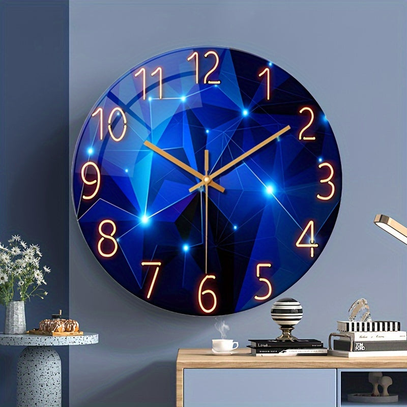 12"/14" Silent Wall Clock with Dark Blue Geometric Design. Made with 4mm Tempered Glass and Japanese Quartz Movement. Perfect for indoor and outdoor decor. Great gift option (Battery not included).