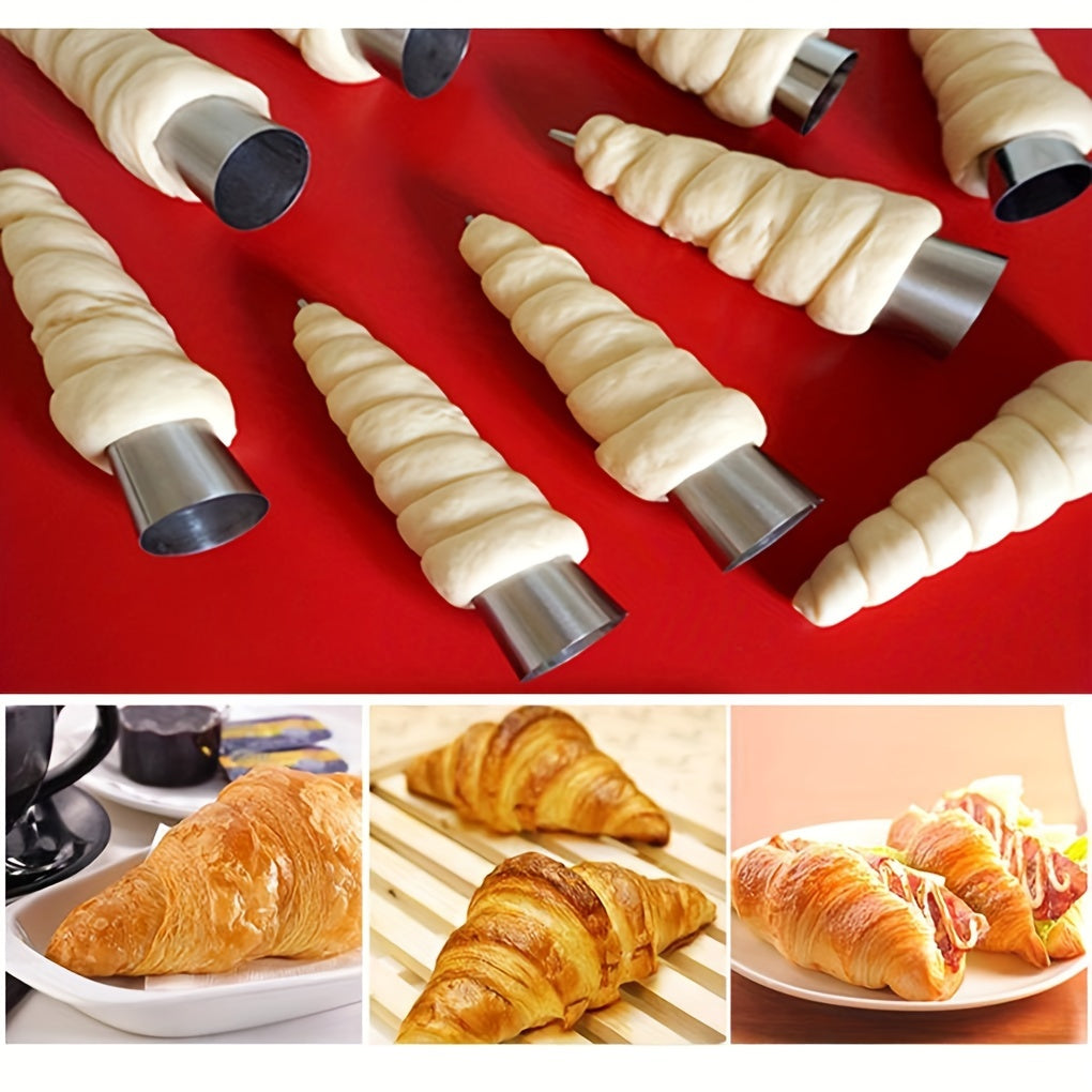 Set of 30 stainless steel cone-shaped molds for making croissants, cannolis, cream rolls, puffs, waffle cones, and more baking supplies and kitchen gadgets.