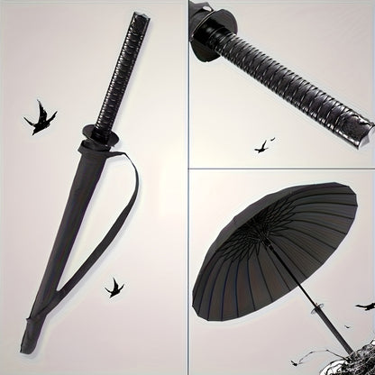 1 Samurai-Inspired Black Umbrella with Sword Handle - 24-Rib Durability, Foldable Design, Impact Cloth Material - Martial Arts Style for Everyday Use