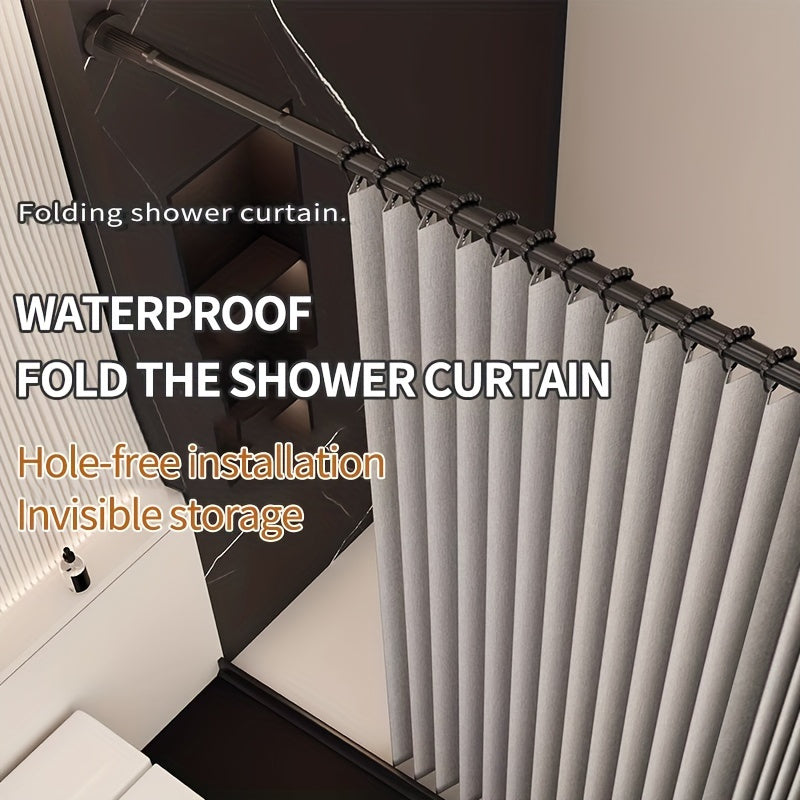 Waterproof gray foldable shower curtain with magnetic attachment, polyester wave screen, black hooks included, machine washable for all seasons.