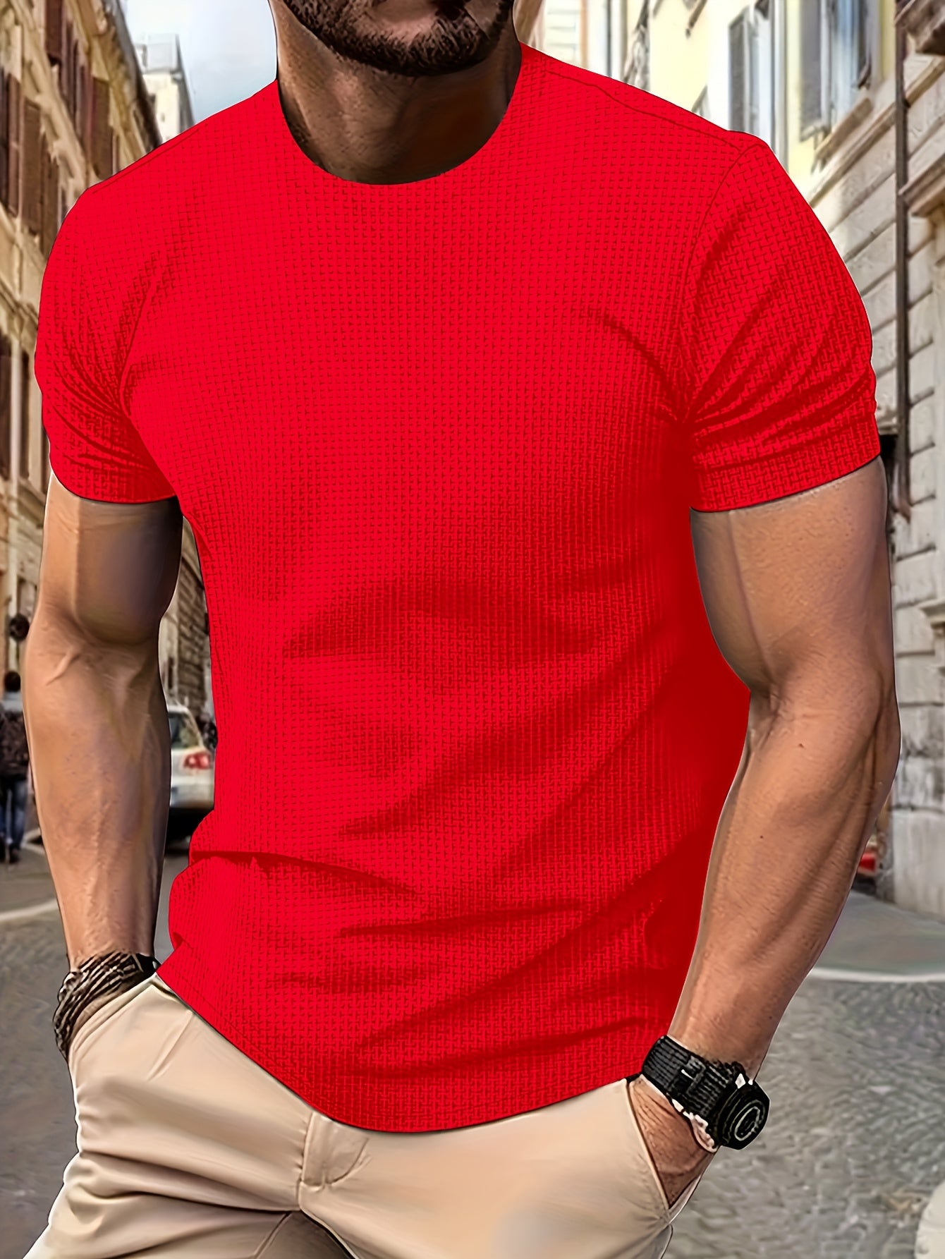 Men's summer casual crew neck t-shirt in solid color knit fabric, regular fit. Made of 94% nylon and 6% spandex, non-stretch with comfort stretch. Weighs 200gsm, suitable for daily wear.