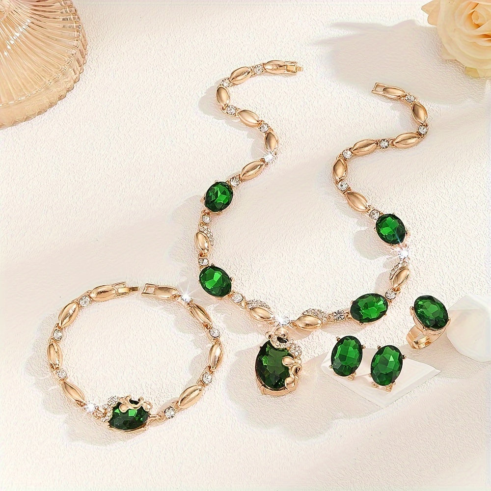 Sparkling 5-piece Jewelry Set featuring Synthetic Emerald & Glass Accents - Ideal for Everyday Wear & Special Occasions. Great for St. Patrick's Day or as a Gift. Beautifully Crafted in 14K Gold Plating - suitable for any season.