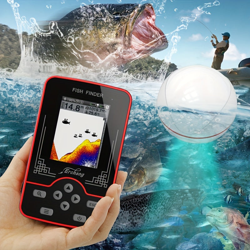 Erchang F13 Wireless Fish Finder Sonar with 60.96m range, rechargeable battery, LCD display, portable for various fishing environments in white and red design. Features fish location