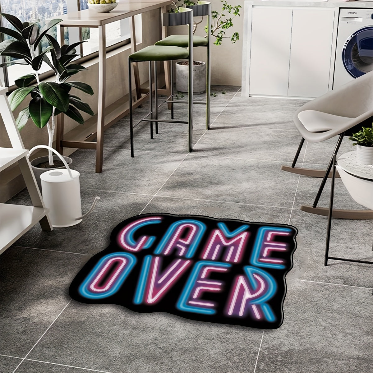 3D Fluorescent Lettering Area Rug with "Game Over" Design - Plush, Anti-Slip, Machine Washable Rug for Living Room, Bedroom, or Game Room - Illuminating Decorative Floor Mat