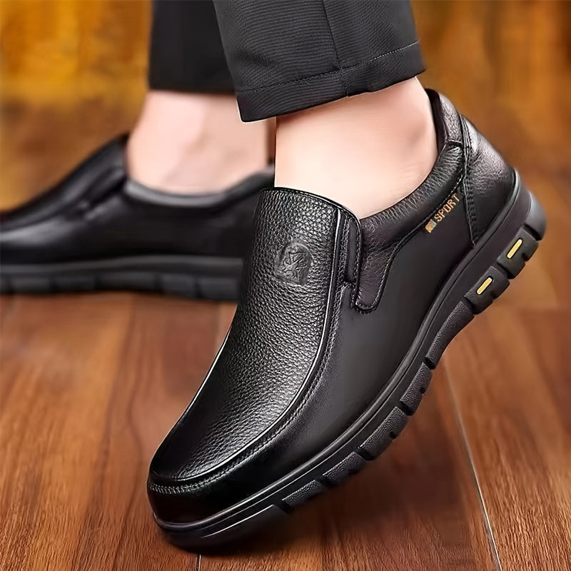 Men's slip-on business casual shoes made with head layer leather, PU lining, rubber sole, and fabric insole.