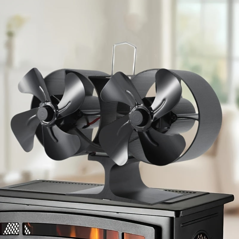 Aluminum Stove Fan with Dual Heads - 8 Blades, Ultra Quiet Heat Distribution, No Electricity Needed, Polished Design for Better Airflow & Wood Stove Efficiency, Includes Stove Top Guards