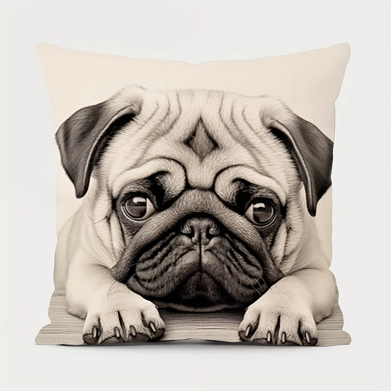 Double-sided throw pillow cover featuring an adorable pug design, measuring 44.96x44.96cm. Made of decorative polyester, this cushion case is ideal for the home and living room. A perfect gift for dog lovers and pug moms, this cover includes a zip