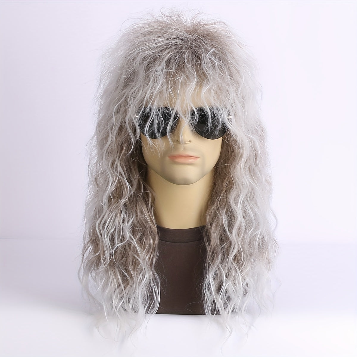 Long curly hair rock and roll wig, paired with a punk costume featuring a hint of golden wig - the ideal 80s Halloween look.