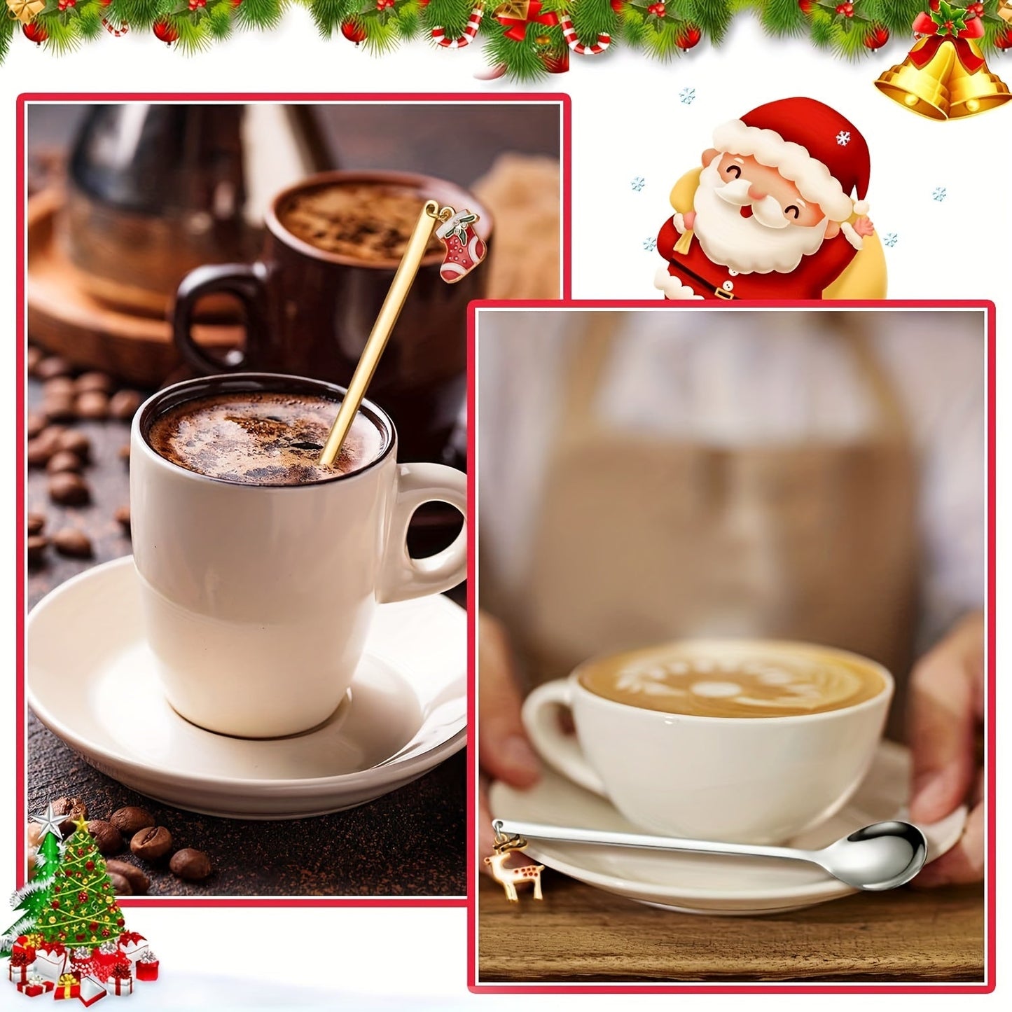 Set of four festive Christmas coffee and tea spoons crafted from stainless steel. These versatile spoons are perfect for stirring hot chocolate, enjoying ice cream, and indulging in desserts. They also make an ideal holiday gift and add a festive touch