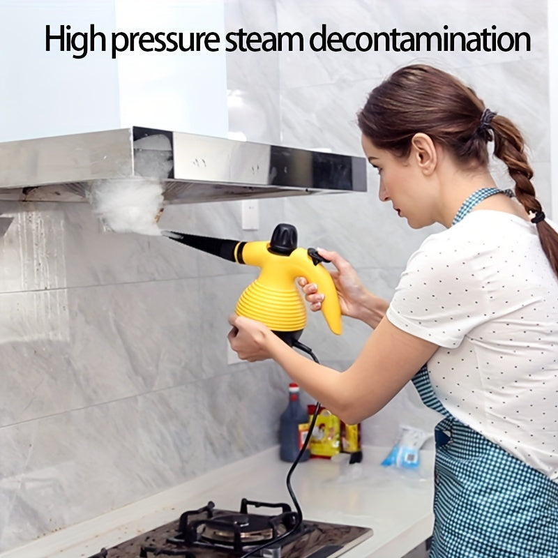 Versatile handheld steam cleaner with 9 accessory kit for easy stain removal on various surfaces. EU plug, 600W+ power.