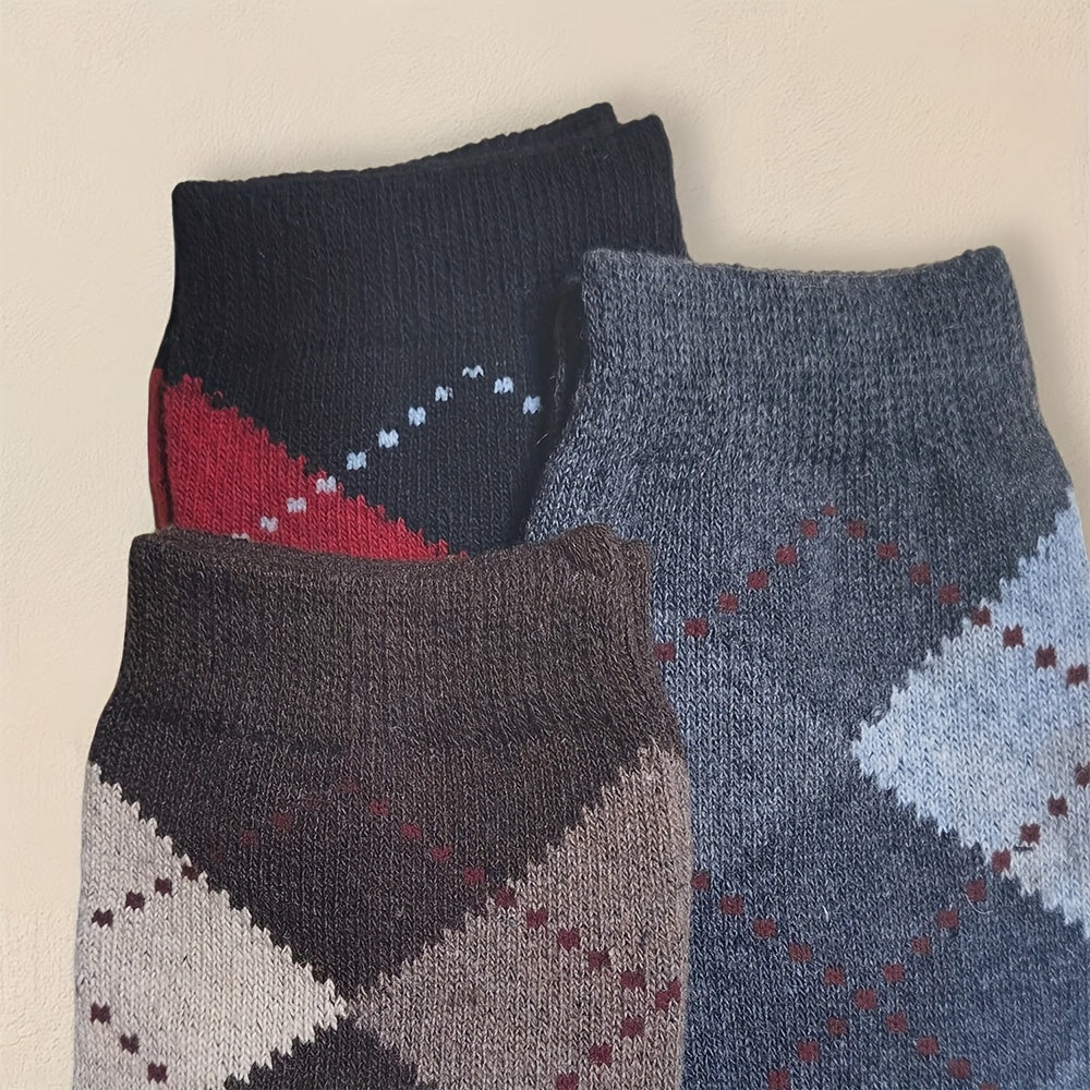 5 pairs of men's geometric pattern crew socks, perfect for all seasons and outdoor activities.