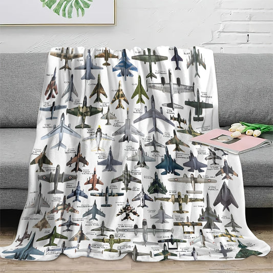 Contemporary Military Aircraft Print Flannel Throw Blanket - Features Hypoallergenic, Stain Resistant, All-Season Knit Fabric Made of 200-250gsm Polyester. Perfect for Sofa, Bed, Travel, Holidays, and Birthdays. A Versatile and Stylish Gift Option.