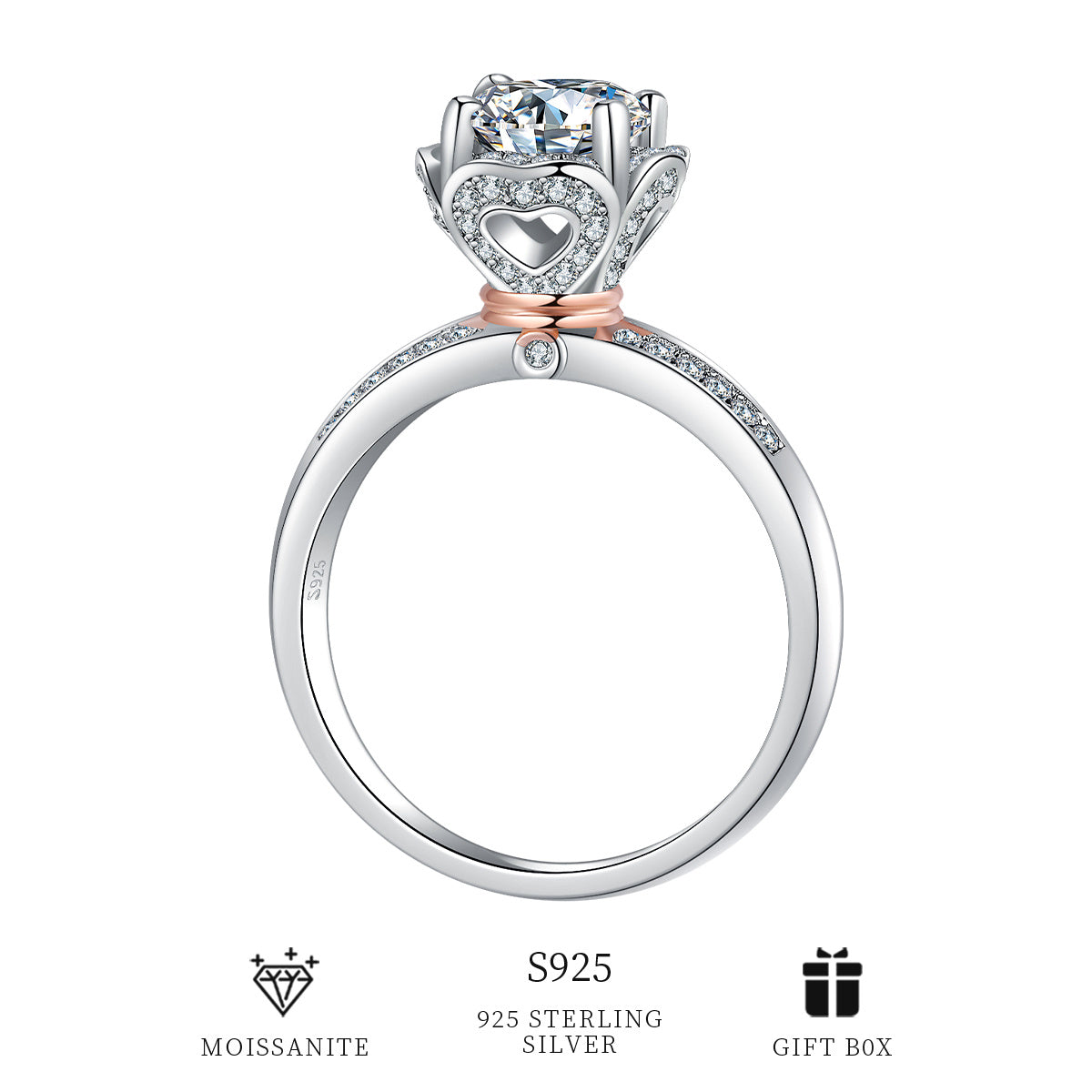 Luxurious wedding proposal ring featuring a stunning flower design crafted from 925 silver and set with moissanite gemstones. Includes a moissanite certificate and elegant packaging box.