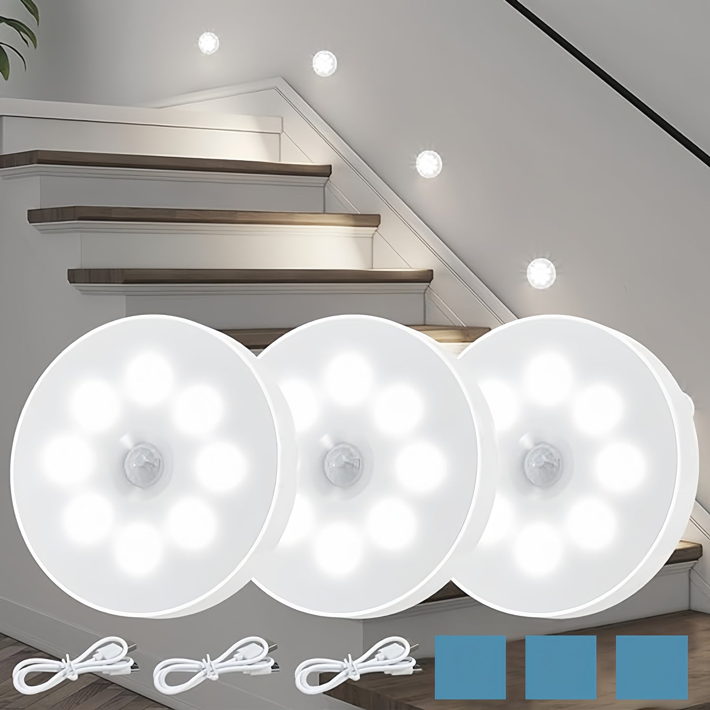 3 AMILL LED Step Lights with Motion Sensor, Adjustable Brightness, Flush Mount, Battery Operated, for various spaces.