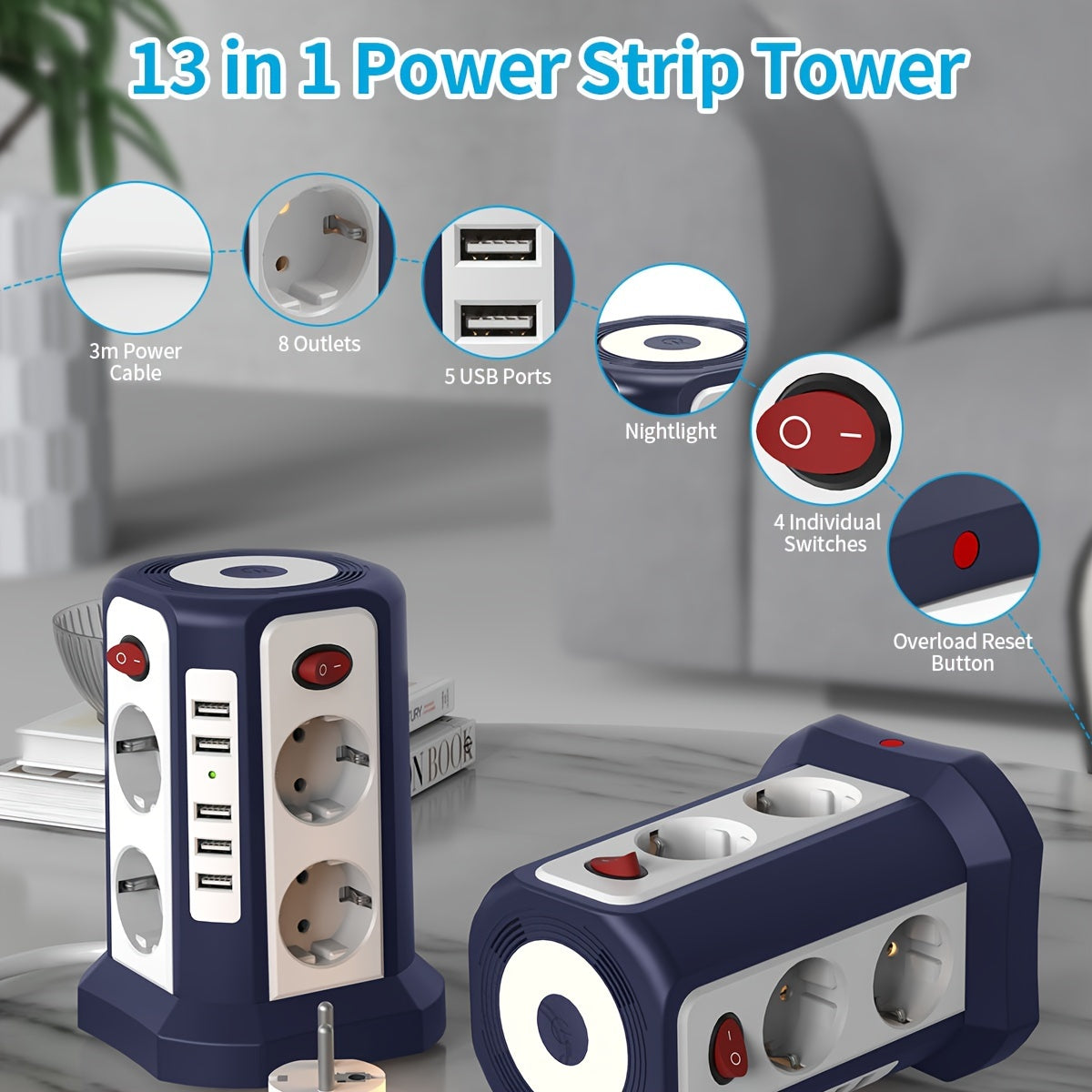 STGAROT 13-in-1 multi-power outlet with 5 USB-A ports, 8 AC sockets, 4 switches, night light, 3m cable, for home and office.