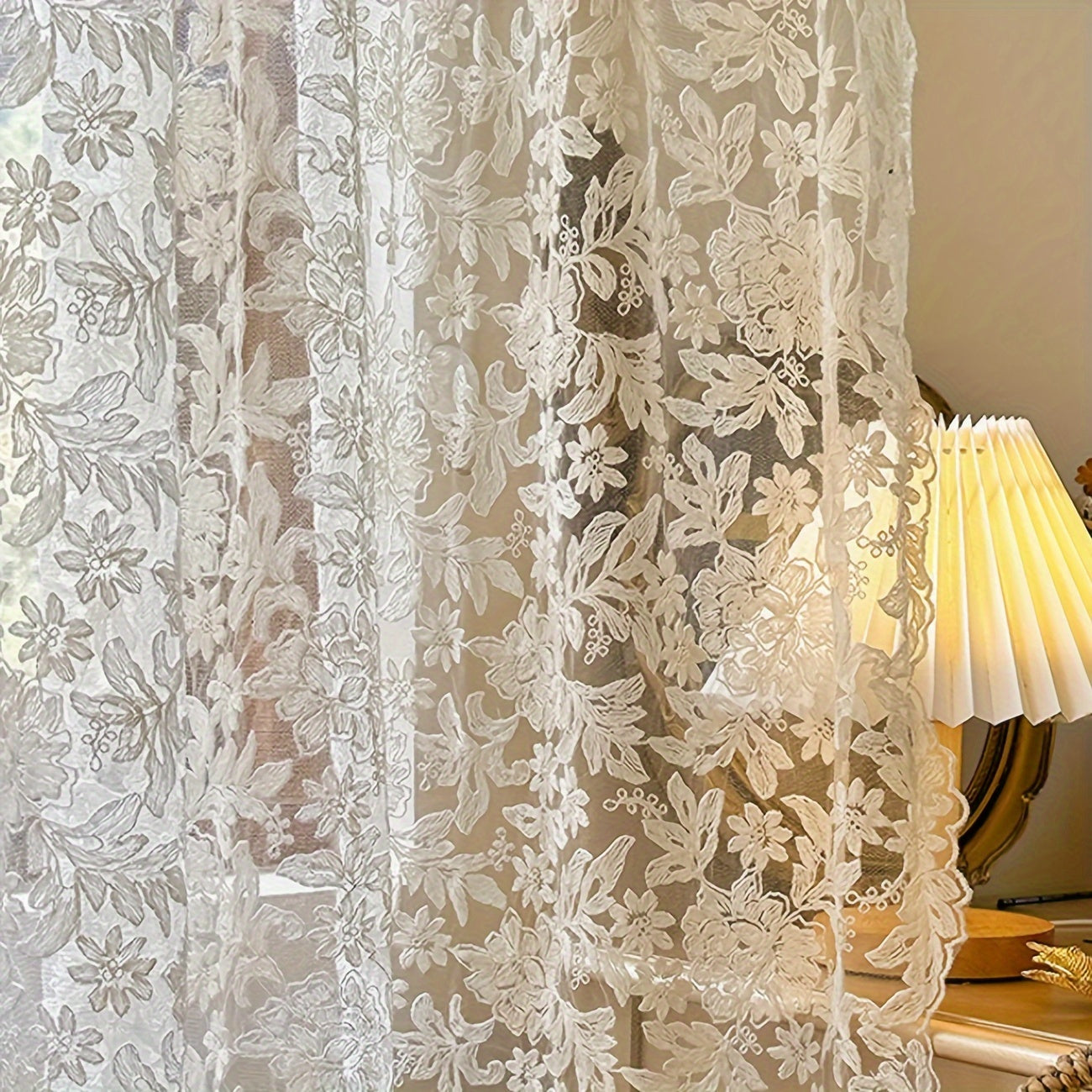 Vintage jacquard sheer curtain set with lace embroidered panels for bedroom, kitchen, restaurants. Washable and unlined, perfect for all seasons with a romantic theme.