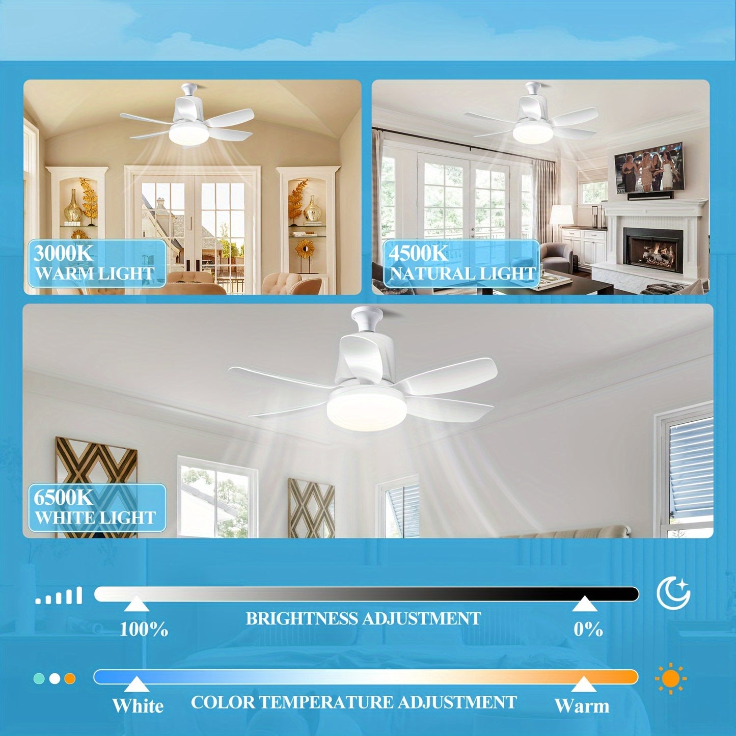 Modern dimmable LED ceiling fan light with remote, multi-speed fan with 3 color options. Easy install with E26/E27 base, hard-wired for various rooms, no battery needed.