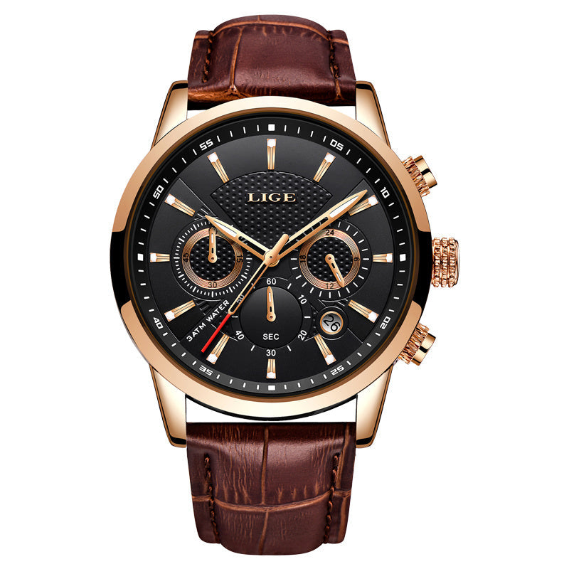 2022 LIGE Top Brand Luxury Casual Leather Quartz Men's Watch for Men - Business Clock with Sporty Chronograph and Date Display