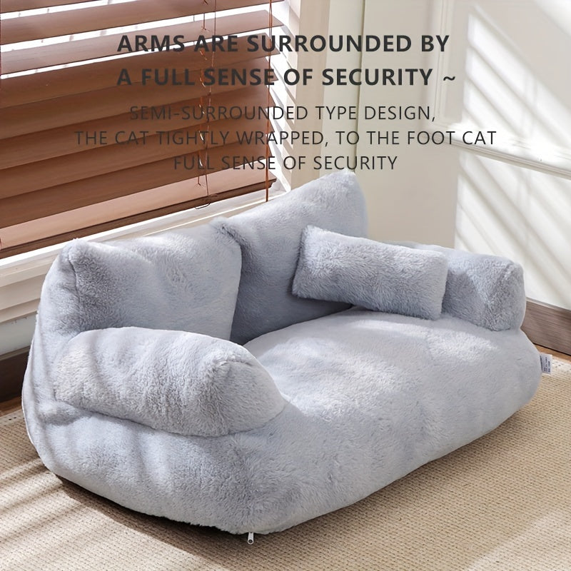 Soft grey pet bed for cats and dogs, with non-slip design and washable polyester material.