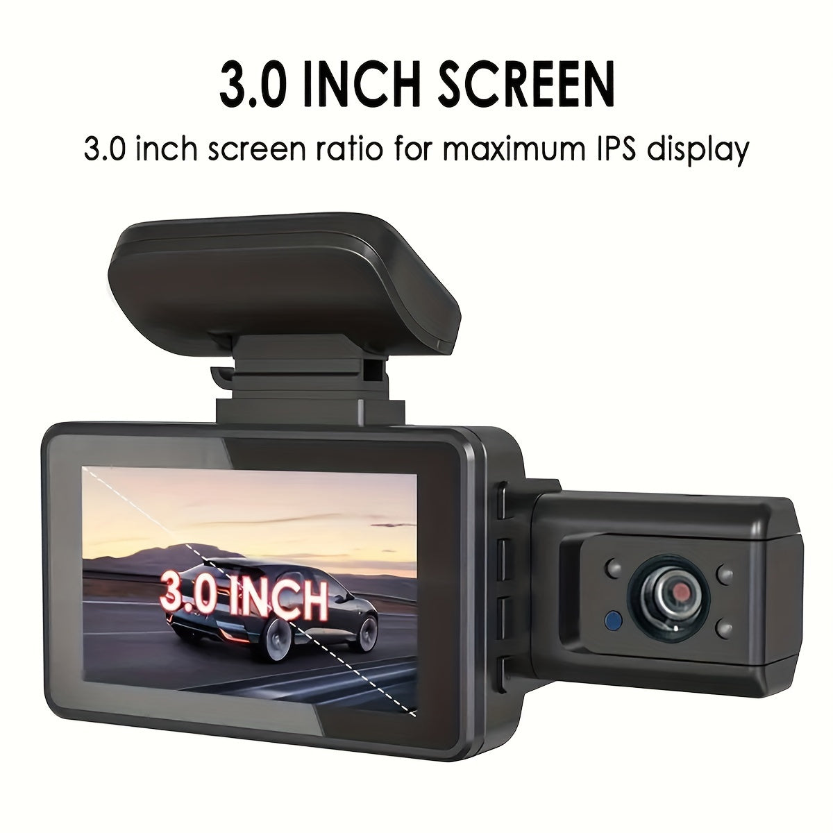 Dual lens dash cam for cars with 7.62cm screen, loop recording, night vision, and wide angle car video recorder.