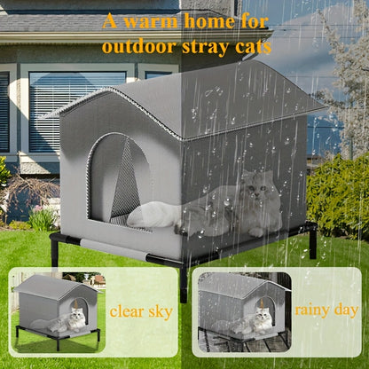 1pc Classic Oxford Cloth Outdoor Cat House with Raised Stand, Double-Sided Mat, Aluminum Foil Insulation, Weatherproof & Insulated Feral Cat Shelter, Pre-Assembled for Multiple Kittens &