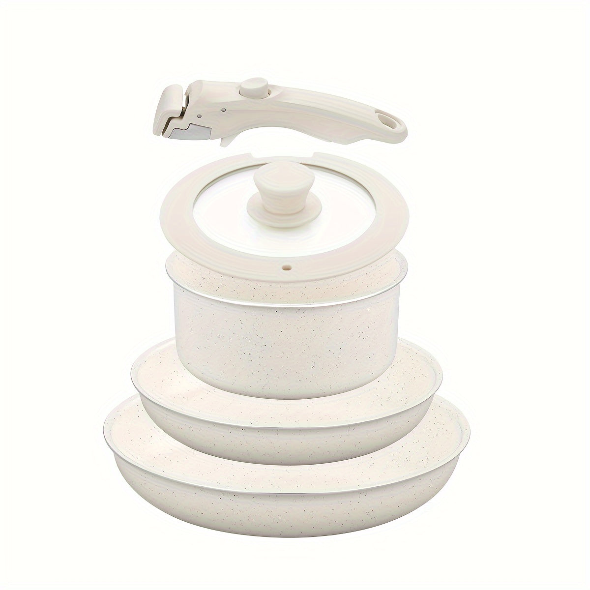 Set of 5/12 pieces Ceramic Nonstick Cookware with Removable Handles, suitable for Induction Cooking. This Kitchen Set is Stain & Scratch-resistant, Dishwasher and Oven safe, and is free from PFAS and PFOA chemicals. Available in Cream White color.