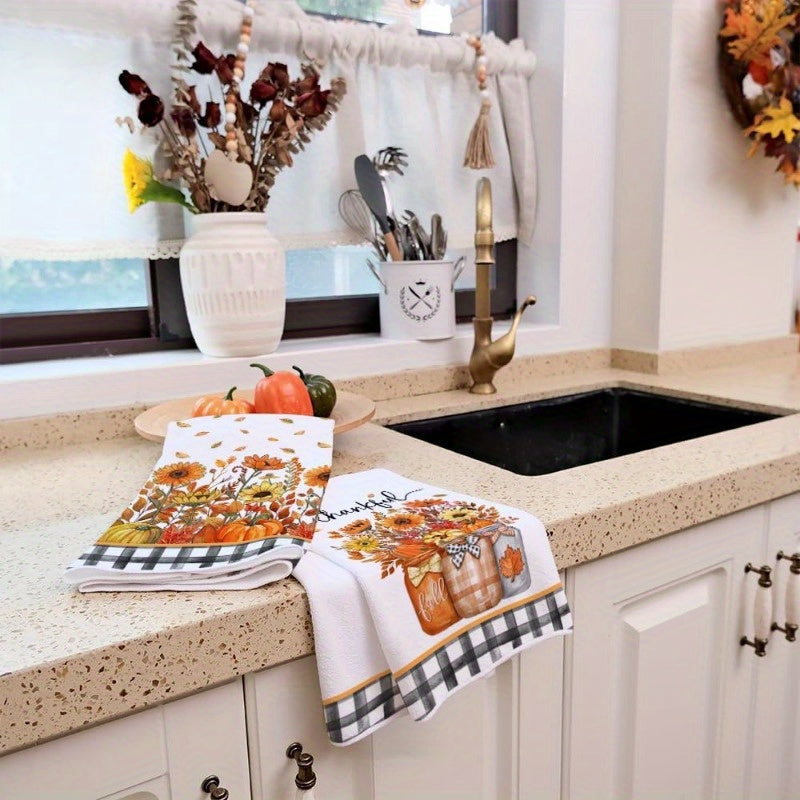 Set of 2 Kitchen Towels measuring 45.72*66.04 cm featuring Autumn pumpkin elements for home decor. These towels are reusable and perfect for adding a touch of individuality to your kitchen or party decorations. They also make a great holiday gift, with