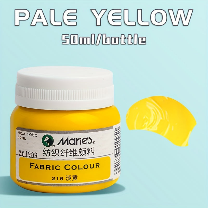 1 bottle of Marie's Fabric Paint, 50ml - 12 colors available for permanent clothes painting. Includes medium brush. Ideal for artists and crafters. Suitable for t-shirts, shoes, jeans