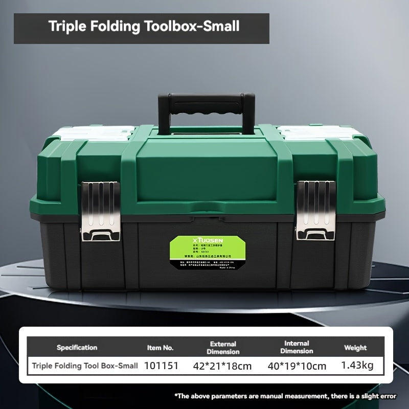 TUOSEN 16-inch Triple-Layer Folding Toolbox - Waterproof Plastic Organizer for Electricians & Carpenters with Multi-Compartment Storage.