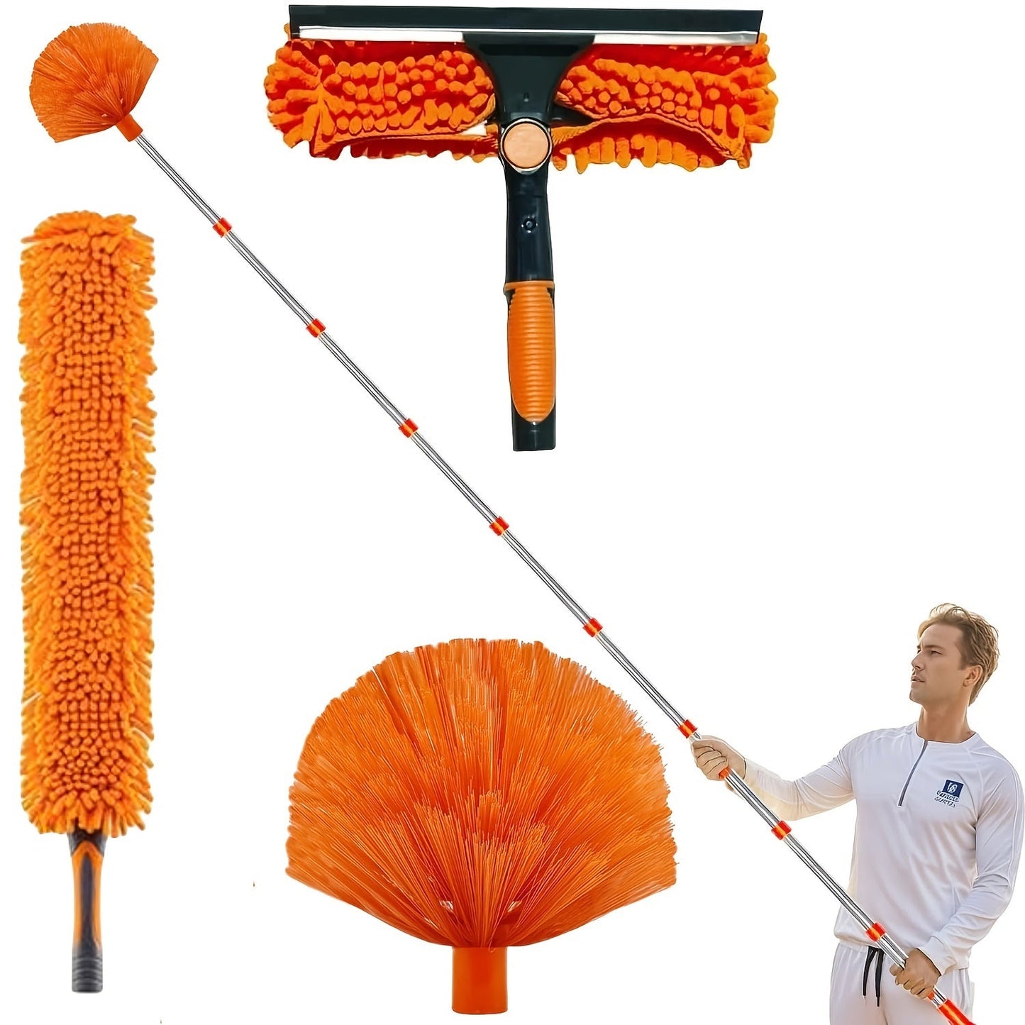 Introducing the FACOOW Telescopic Duster Kit, reaching up to 20 feet with its 91.44-426.72cm extension pole. This kit features a stainless steel handle and requires no electricity, making it perfect for high ceiling dusting, window cleaning, and more.