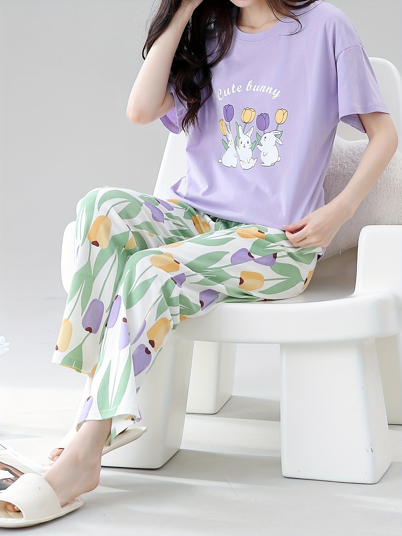 Spring and Autumn Women's Pajama Set: Short Sleeve, Long Pants, Casual Flower Rabbit Design for Both Indoor and Outdoor Wear.