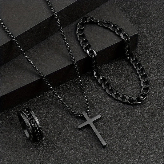 Fashionable set of three versatile dark cross stainless steel jewelry pieces.