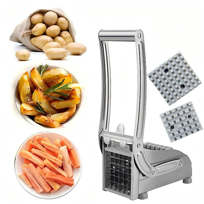 Introducing the InBrave Stainless Steel Fruit & Vegetable Cutter - a versatile kitchen gadget perfect for slicing french fries, chopping potatoes, and dicing onions. This durable tool features anti-slip feet for stability and is made with food-grade