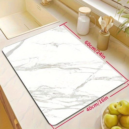 Kitchen countertop mat made of non-slip rubber, featuring durable tech cloth for the dish drainer pad. Easy to clean and water absorbent. Suitable for kitchen use; hand wash only.