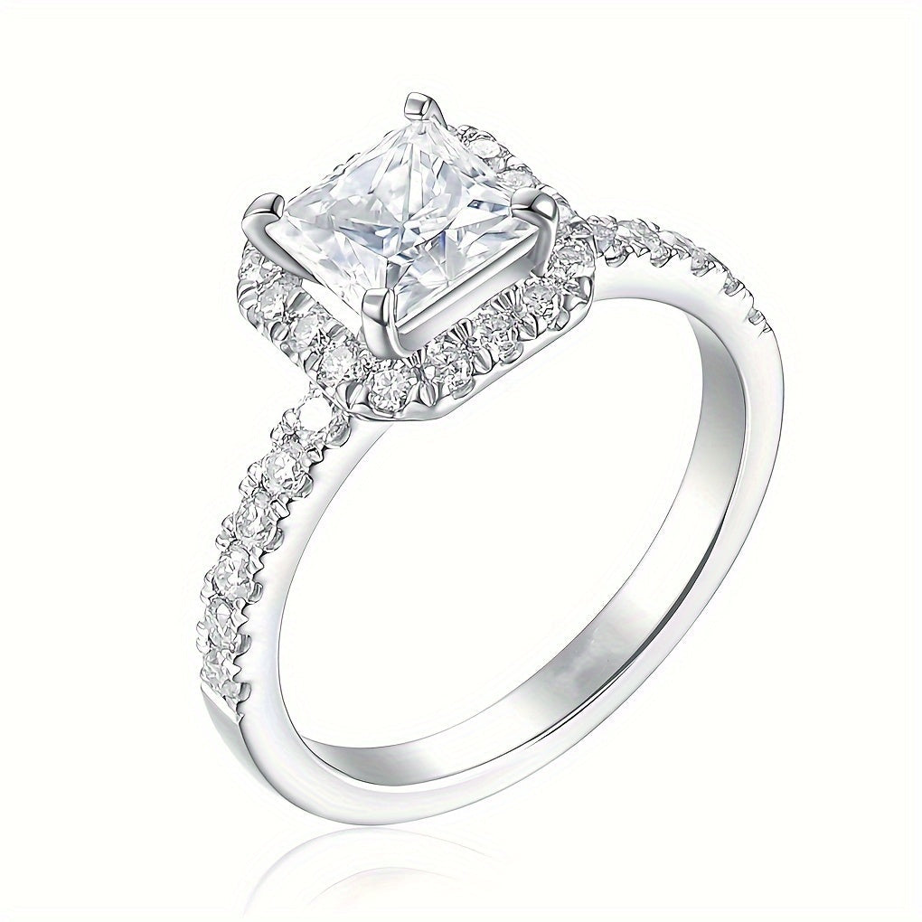 Stunning 3ct VVS Natural Princess Cut Moissanite Engagement Ring featuring a 4-Prong Setting and Pave Band, perfect for April Birthdays or as a Valentine's Day Gift. This 14K Golden Plated Halo Ring is ideal for both Daily Wear and Special Occasions.