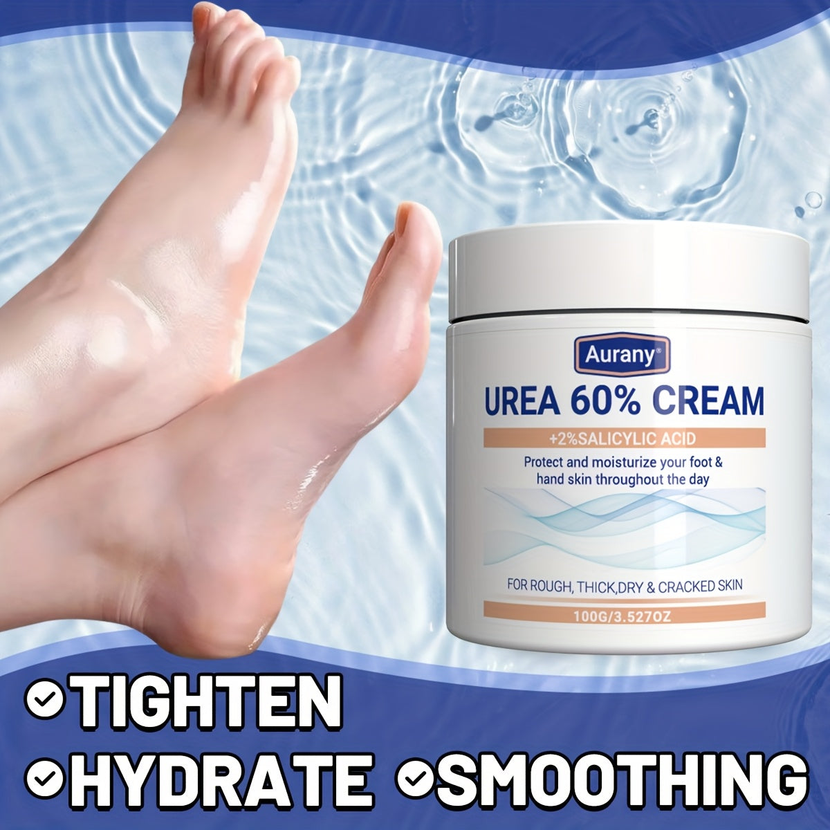 Two pieces of Urea Cream 60% with 2% Salicylic Acid, suitable for dry skin on feet, knees, and elbows. Moisturizes and protects foot skin all day. 100g.