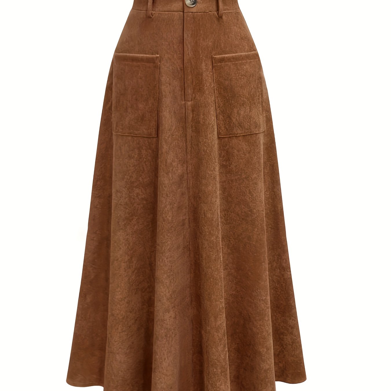 Brown corduroy midi skirt with pockets for women, high-waist A-line style, machine washable, chic and versatile.