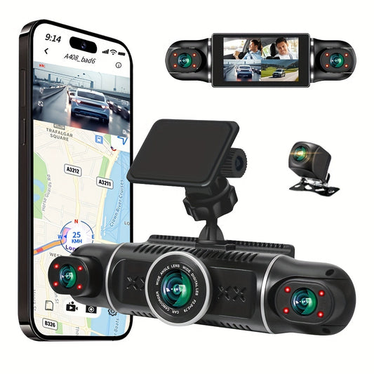 Four-channel front, rear, left, and right dash camera with 360° rotatable and built-in WiFi, loop recording, night vision, G-sensor, and WDR.