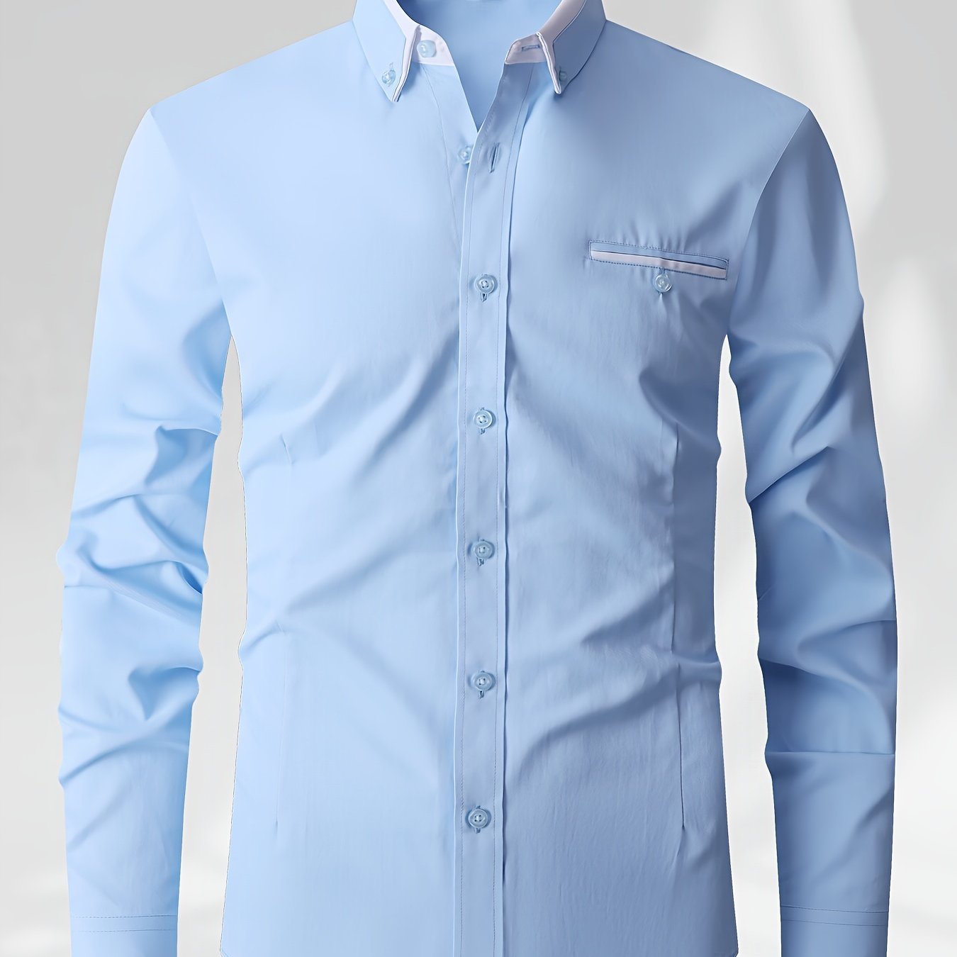 Men's color block shirt, made of 60% polyester and 40% cotton, with long sleeves, regular fit, lapel collar, and button details. Made of woven fabric, non-stretch, and suitable for work