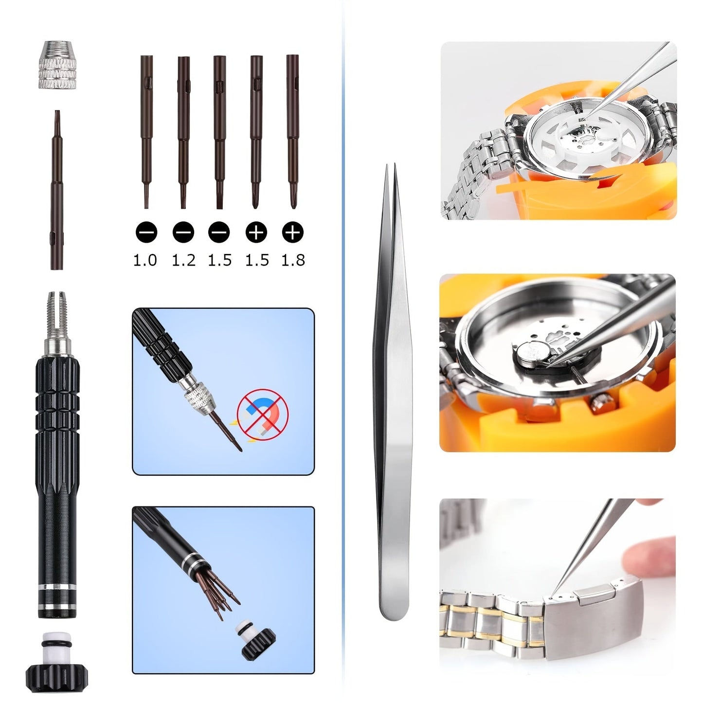 Ideal for gifting, this 32-piece watch battery replacement kit includes a watch repair screwdriver, watch band replacement tool, watch wrench back remover, watch case opener, watch back remover holder, spring bar, and tweezers.