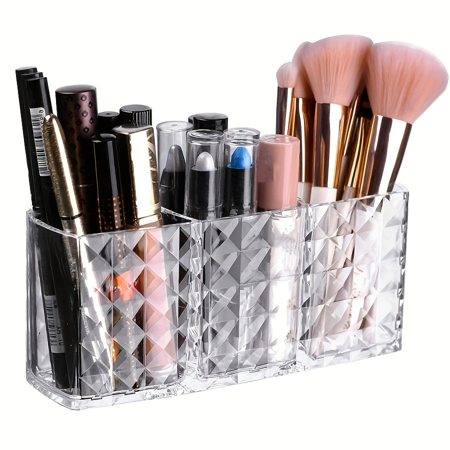 Clear plastic makeup organizer with 3 compartments for cosmetic storage. Ideal for brushes, lipsticks, brow pencils, and remote control. Can be used as a vanity or desk organizer without electricity.